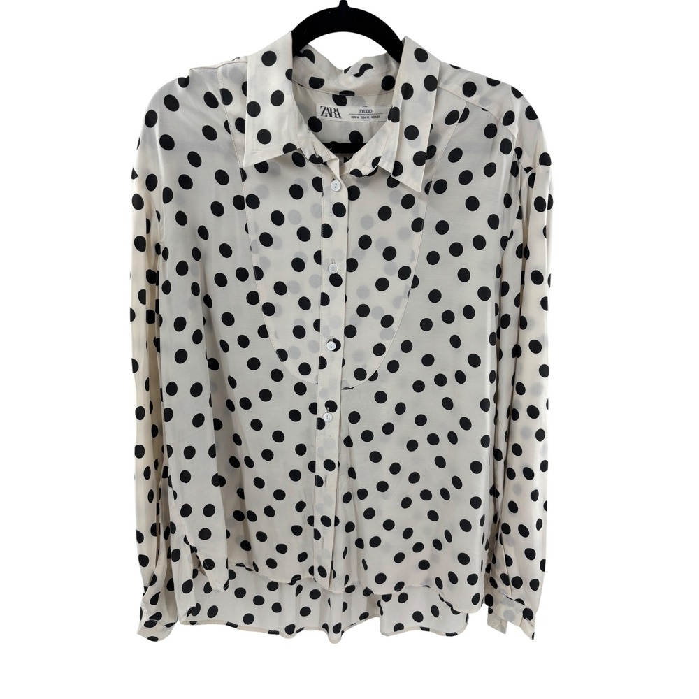 ZARA STUDIO Women's Polka Dot Long Sleeve Button Up Shirt Top Cream Black Size M